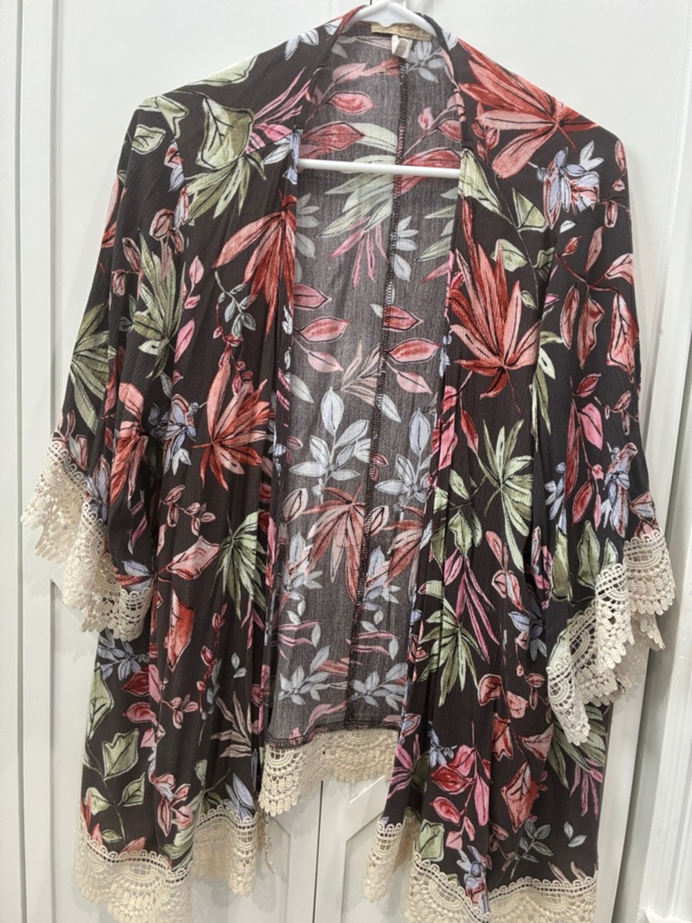 Floral Lace-Trim Kimono Jacket - Black with Pink & Green Floral